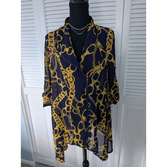 Feratelli Tunic Top Womens S Flowy Navy Status Print Sheer Moto Zip RollTab Glam - Picture 1 of 13